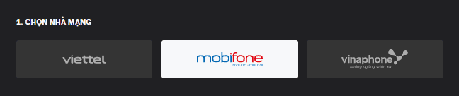 Hình ảnh giao diện bước 1 chọn một trong ba nhà mạng là Viettel, Vinaphone và Mobiphone khi rút tiền qua thẻ cào tại nhà cái MU9