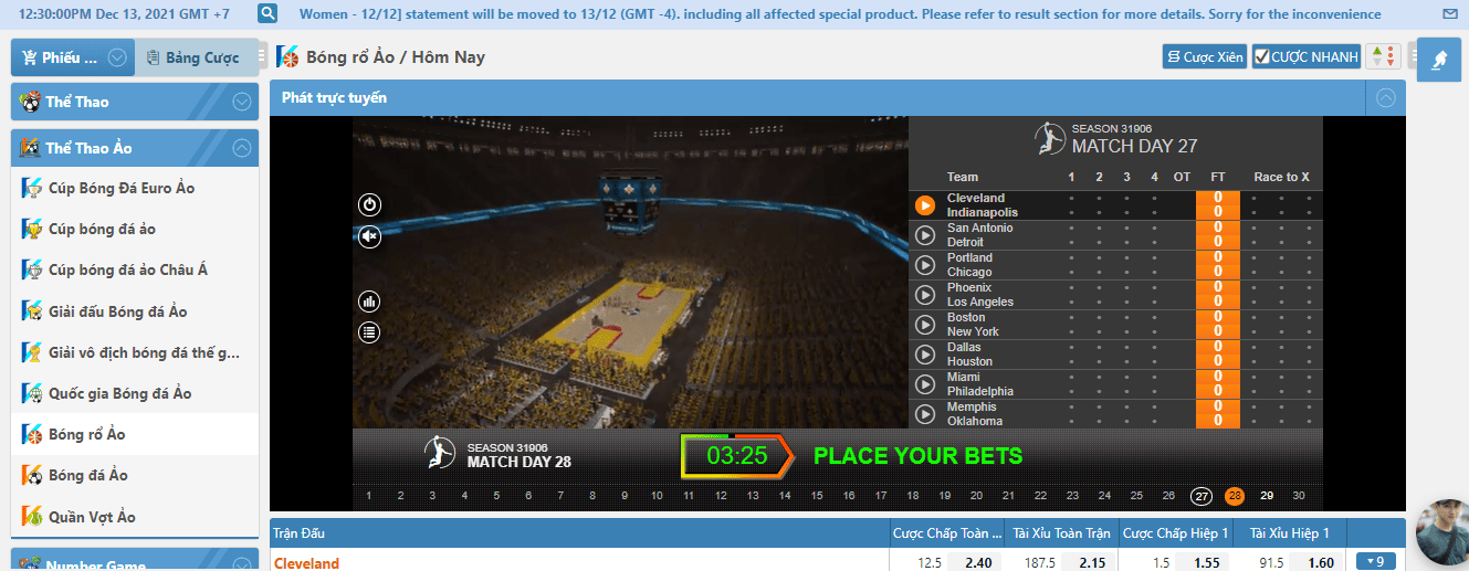 Hình ảnh giao diện trận đấu bóng rổ Ảo tại nhà cái MU9