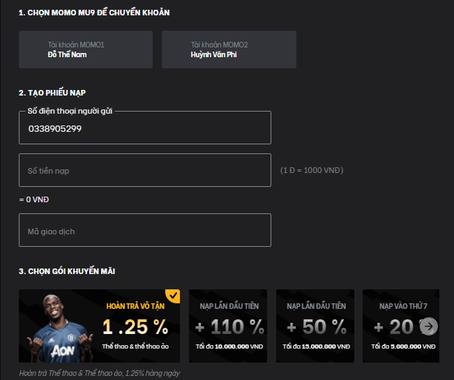 Hình ảnh giao diện hướng dẫn cách nạp tiền qua momo tại nhà cái MU9