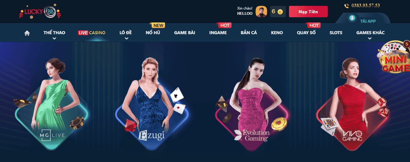 Hình ảnh giao diện màn hình tích hợp nhiều loại hình live casino tại nhà cái Lucky88