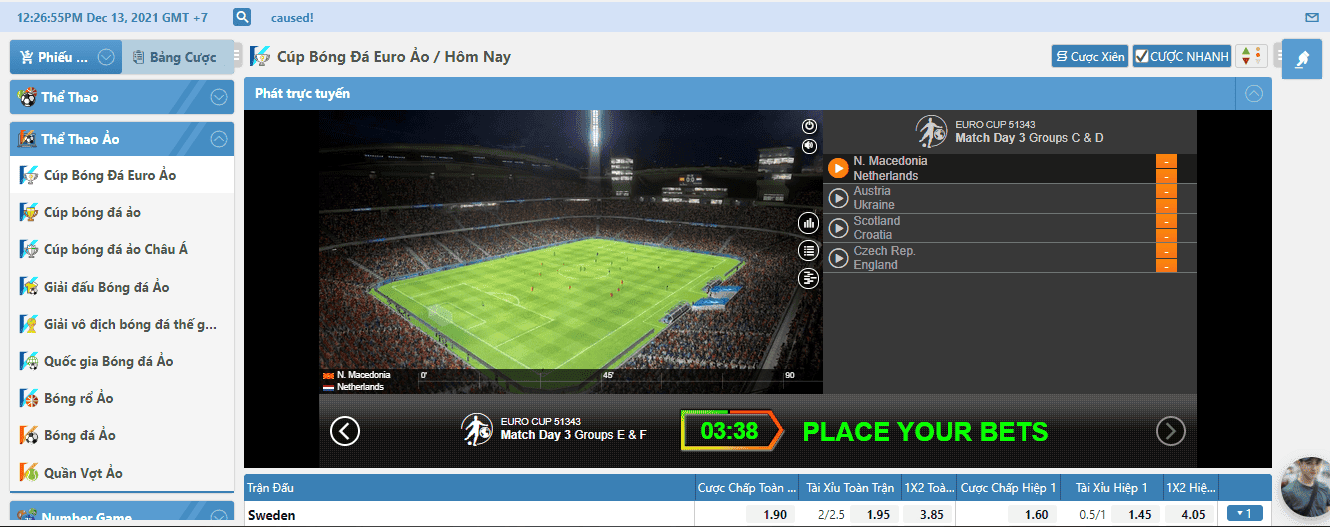 Hình ảnh giao diện màn hình cá cược cup bóng đá Euro ảo tại nhà cái Lucky88