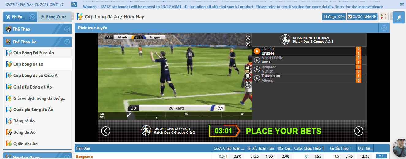 Hình ảnh giao diện màn hình cá cược cup bóng đá ảo tại nhà cái Lucky88