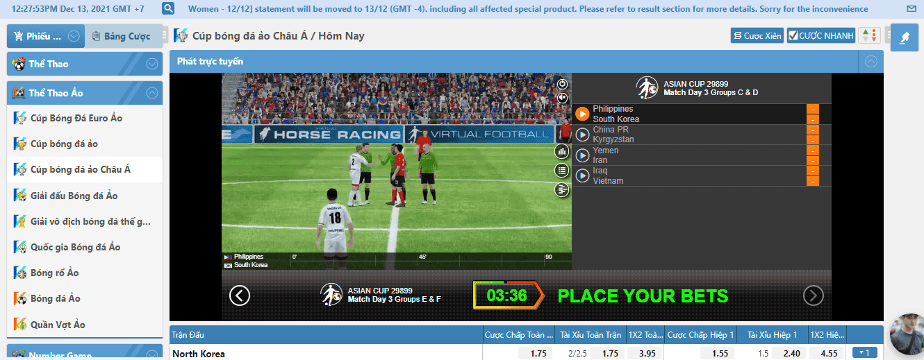 Hình ảnh giao diện màn hình cá cược cup bóng đá ảo Châu Á tại nhà cái Lucky88