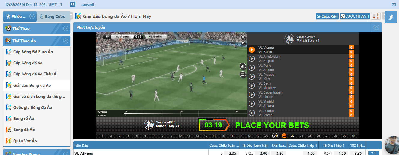Hình ảnh giao diện màn hình cá cược giải đấu bóng đá ảo tại nhà cái Lucky88