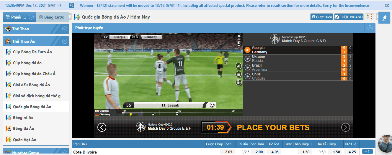 Hình ảnh giao diện màn hình cá cược quốc gia bóng đá ảo tại nhà cái Lucky88