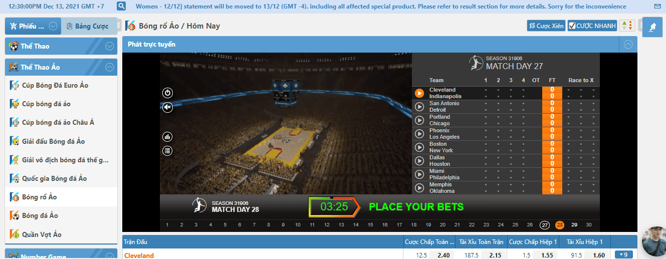 Hình ảnh giao diện màn hình cá cược bóng rổ ảo tại nhà cái Lucky88