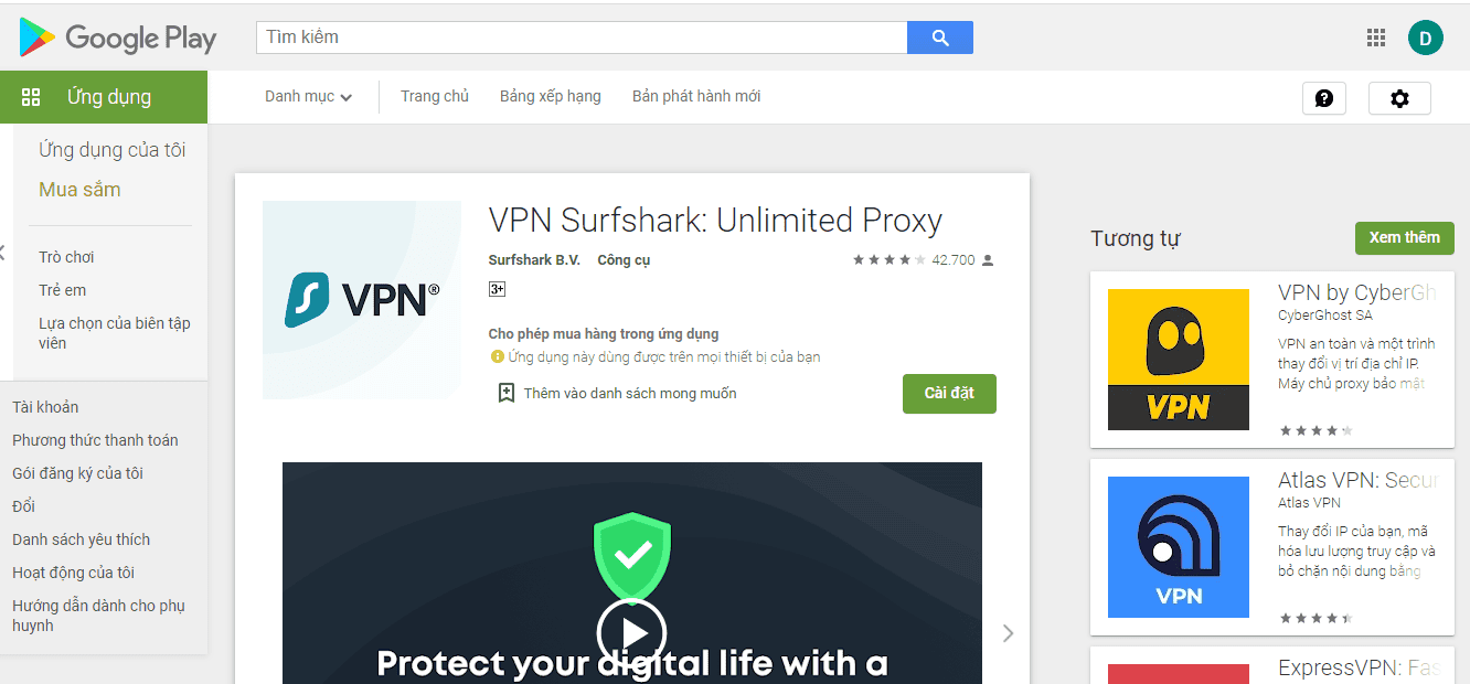 Hình ảnh minh họa tìm kiếm app VPN trên google play hỗ trợ fake ip truy cập vào nhà cái Lucky88 khi bị chặn