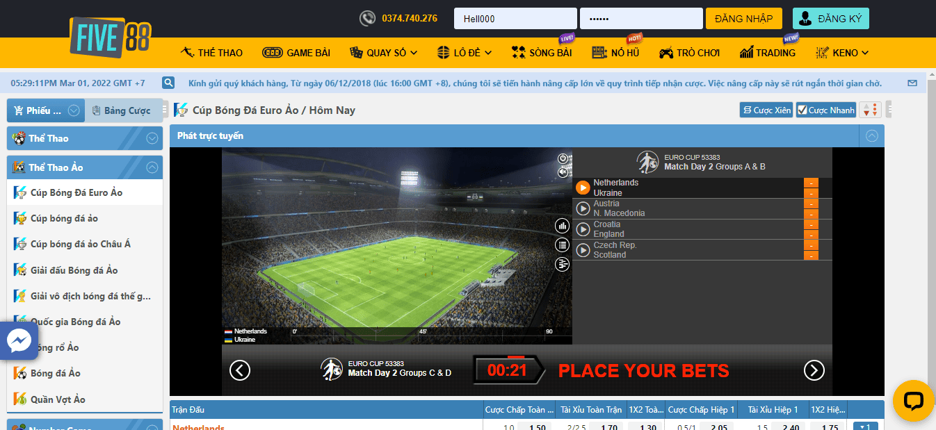 Hình ảnh giao diện Cup bóng đá Euro Ảo tại trang bóng đá nhà cái Five88