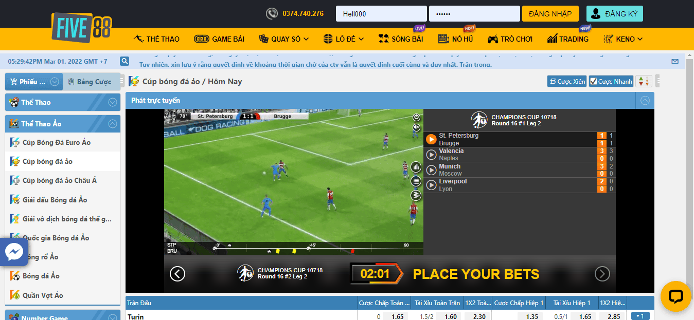 Hình ảnh giao diện Cup bóng đá Ảo tại trang bóng đá nhà cái Five88