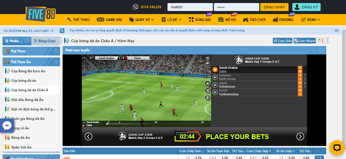 Hình ảnh giao diện Cup bóng đá ảo Châu Á tại trang bóng đá nhà cái Five88