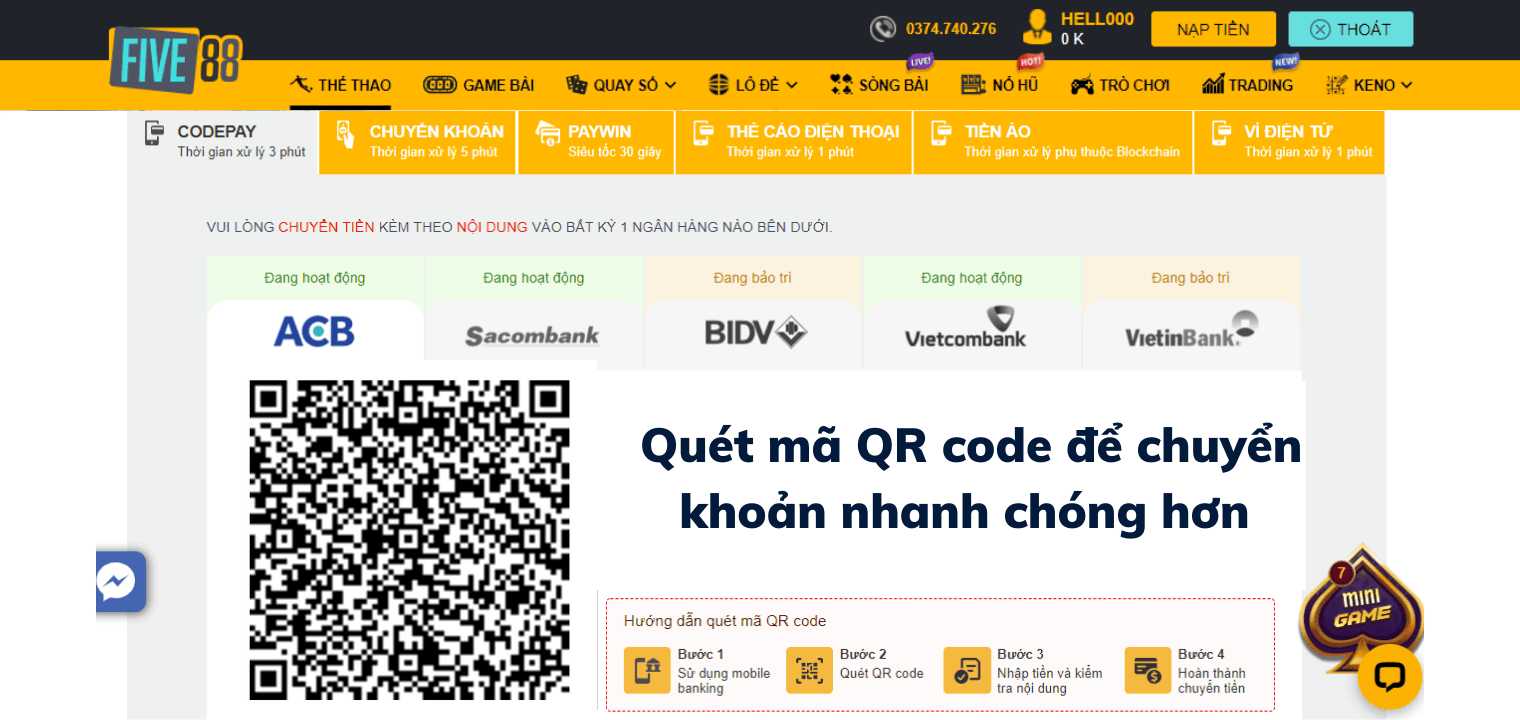Hình ảnh mã QR code khi nạp tiền qua codepay tại nhà cái Five88, người chơi có thể trực tiếp quét mã tại đây