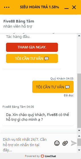 Hình ảnh giao diện box chat tại trang chủ nhà cái Five88 nhân viên Việt Nam hỗ trợ người chơi mọi lúc mọi nơi 24/24